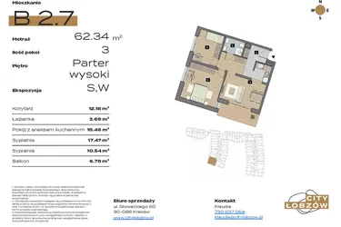 Rzut - Mieszkanie na sprzedaż 3 pokoje o powierzchni 62,34 m² - numer B 2.7 w City Łobzów