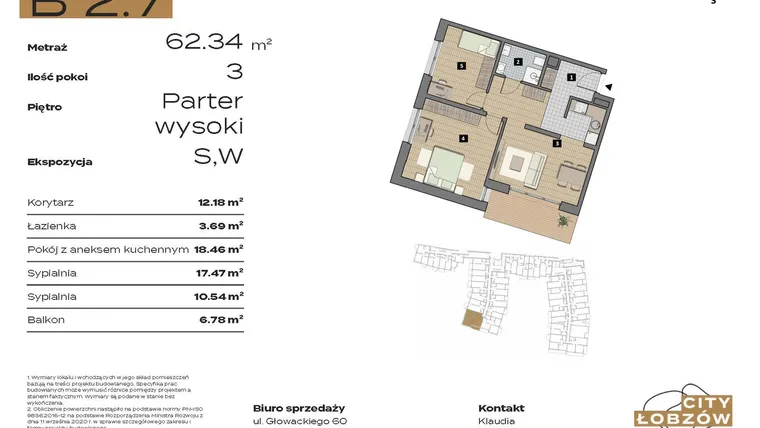 Rzut - Mieszkanie na sprzedaż 3 pokoje o powierzchni 62,34 m² - numer B 2.7 w City Łobzów