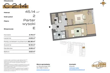 Rzut - Mieszkanie na sprzedaż 2 pokoje o powierzchni 45,46 m² - numer C 2.14 w City Łobzów