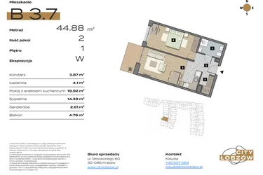 Rzut - Mieszkanie na sprzedaż 2 pokoje o powierzchni 45,05 m² - numer B 3.7 w City Łobzów