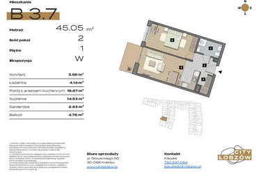 Rzut - Mieszkanie na sprzedaż 2 pokoje o powierzchni 45,05 m² - numer B 3.7 w City Łobzów