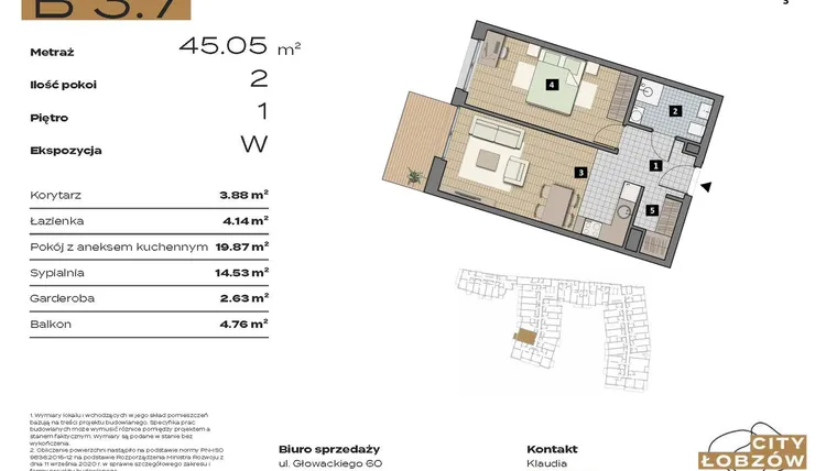 Rzut - Mieszkanie na sprzedaż 2 pokoje o powierzchni 45,05 m² - numer B 3.7 w City Łobzów