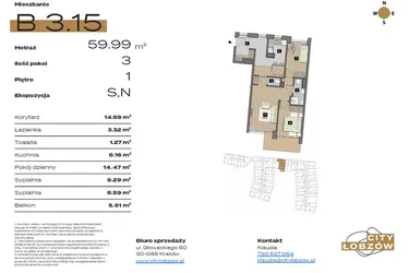 Rzut - Mieszkanie na sprzedaż 3 pokoje o powierzchni 59,99 m² - numer B 3.15 w City Łobzów