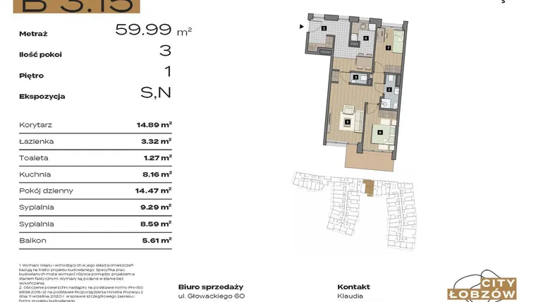 Rzut - Mieszkanie na sprzedaż 3 pokoje o powierzchni 59,99 m² - numer B 3.15 w City Łobzów