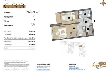 Rzut - Mieszkanie na sprzedaż 2 pokoje o powierzchni 42,46 m² - numer C 3.3 w City Łobzów
