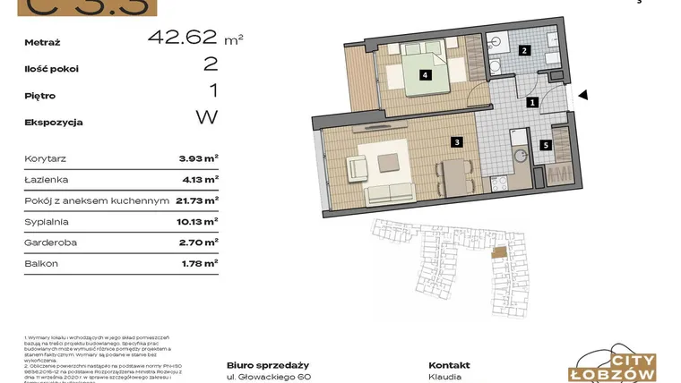 Rzut - Mieszkanie na sprzedaż 2 pokoje o powierzchni 42,46 m² - numer C 3.3 w City Łobzów