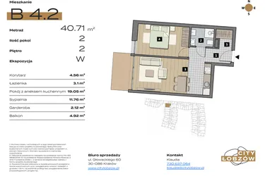 Rzut - Mieszkanie na sprzedaż 2 pokoje o powierzchni 40,93 m² - numer B 4.2 w City Łobzów
