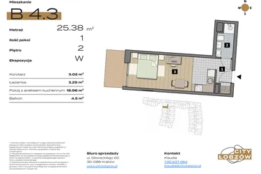 Rzut - Mieszkanie na sprzedaż 1 pokój o powierzchni 25,42 m² - numer B 4.3 w City Łobzów