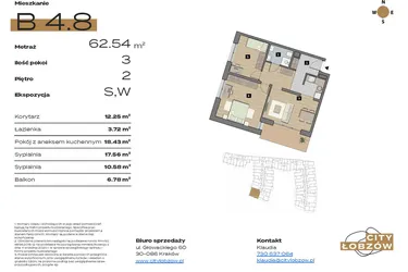 Rzut - Mieszkanie na sprzedaż 3 pokoje o powierzchni 62,54 m² - numer B 4.8 w City Łobzów