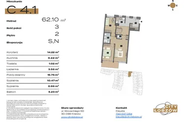 Rzut - Mieszkanie na sprzedaż 3 pokoje o powierzchni 62,1 m² - numer C 4.1 w City Łobzów