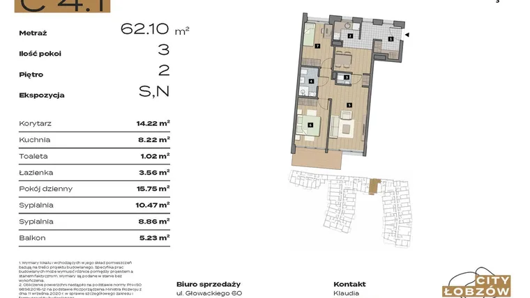 Rzut - Mieszkanie na sprzedaż 3 pokoje o powierzchni 62,1 m² - numer C 4.1 w City Łobzów