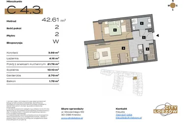 Rzut - Mieszkanie na sprzedaż 2 pokoje o powierzchni 42,61 m² - numer C 4.3 w City Łobzów