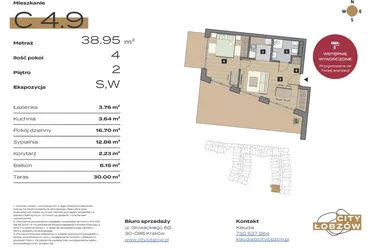 Rzut - Mieszkanie na sprzedaż 2 pokoje o powierzchni 39,19 m² - numer C 4.9 w City Łobzów