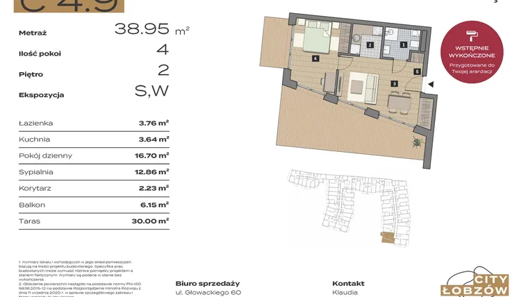 Rzut - Mieszkanie na sprzedaż 2 pokoje o powierzchni 39,19 m² - numer C 4.9 w City Łobzów