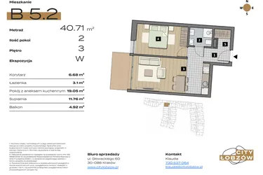 Rzut - Mieszkanie na sprzedaż 2 pokoje o powierzchni 40,92 m² - numer B 5.2 w City Łobzów