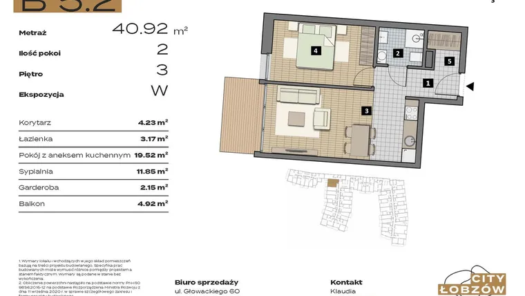 Rzut - Mieszkanie na sprzedaż 2 pokoje o powierzchni 40,92 m² - numer B 5.2 w City Łobzów