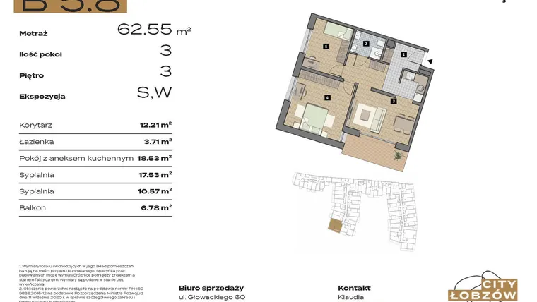 Rzut - Mieszkanie na sprzedaż 3 pokoje o powierzchni 62,55 m² - numer B 5.8 w City Łobzów