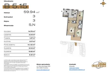 Rzut - Mieszkanie na sprzedaż 3 pokoje o powierzchni 59,94 m² - numer B 5.15 w City Łobzów