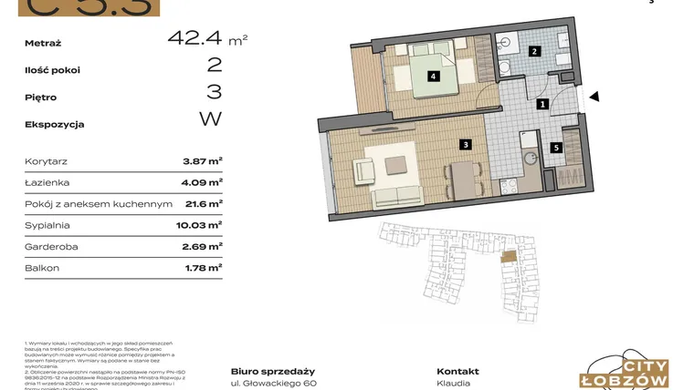 Rzut - Mieszkanie na sprzedaż 2 pokoje o powierzchni 42,61 m² - numer C 5.3 w City Łobzów