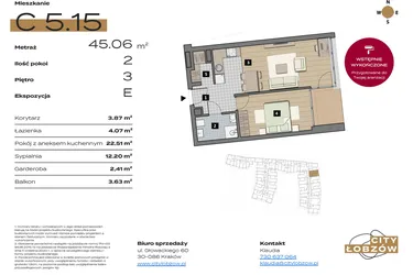 Rzut - Mieszkanie na sprzedaż 2 pokoje o powierzchni 45,13 m² - numer C 5.15 w City Łobzów