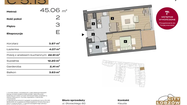 Rzut - Mieszkanie na sprzedaż 2 pokoje o powierzchni 45,13 m² - numer C 5.15 w City Łobzów