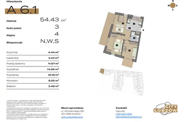 Rzut - Mieszkanie na sprzedaż 3 pokoje o powierzchni 54,43 m² - numer A 6.1 w City Łobzów