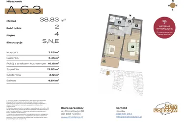 Rzut - Mieszkanie na sprzedaż 2 pokoje o powierzchni 38,83 m² - numer A 6.3 w City Łobzów