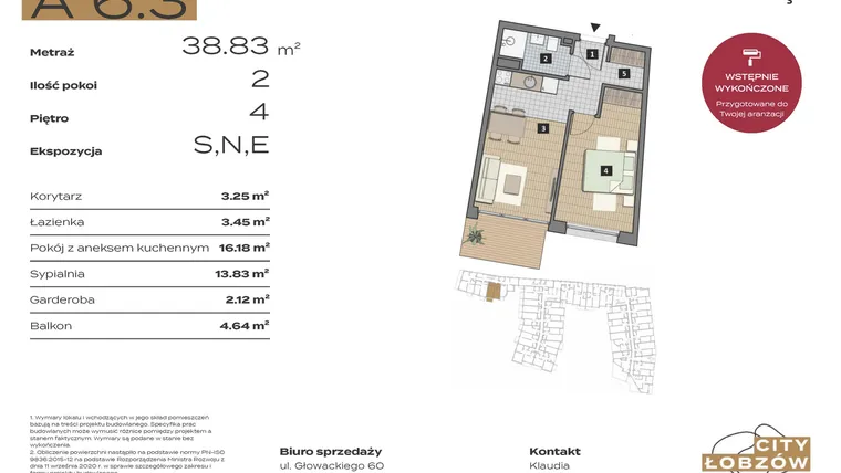 Rzut - Mieszkanie na sprzedaż 2 pokoje o powierzchni 38,83 m² - numer A 6.3 w City Łobzów