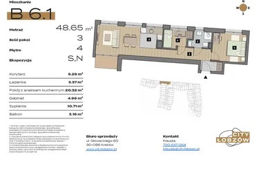 Rzut - Mieszkanie na sprzedaż 3 pokoje o powierzchni 48,65 m² - numer B 6.1 w City Łobzów