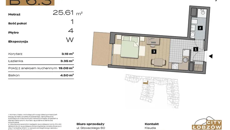 Rzut - Mieszkanie na sprzedaż 1 pokój o powierzchni 25,61 m² - numer B 6.3 w City Łobzów
