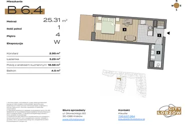 Rzut - Mieszkanie na sprzedaż 1 pokój o powierzchni 25,31 m² - numer B 6.4 w City Łobzów