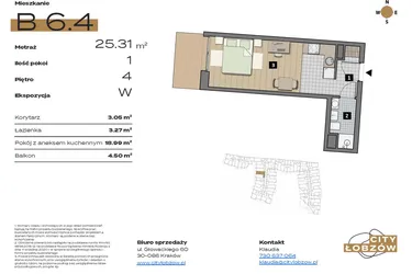 Rzut - Mieszkanie na sprzedaż 1 pokój o powierzchni 25,31 m² - numer B 6.4 w City Łobzów