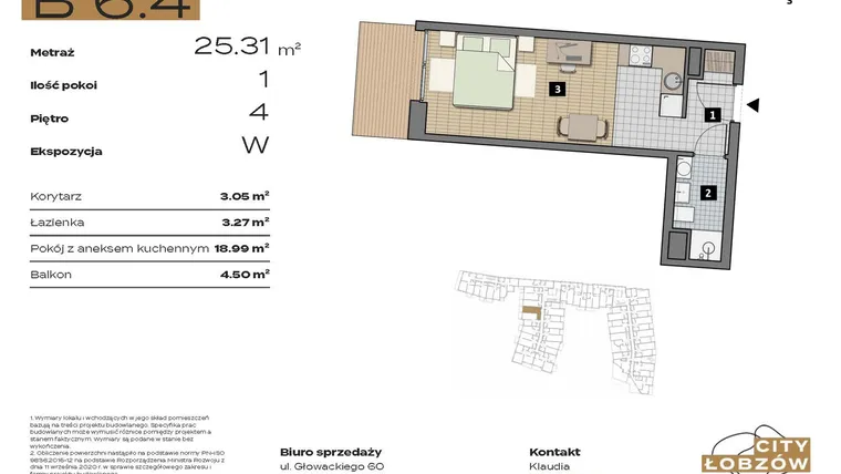 Rzut - Mieszkanie na sprzedaż 1 pokój o powierzchni 25,31 m² - numer B 6.4 w City Łobzów