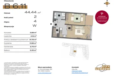 Rzut - Mieszkanie na sprzedaż 2 pokoje o powierzchni 44,44 m² - numer B 6.11 w City Łobzów