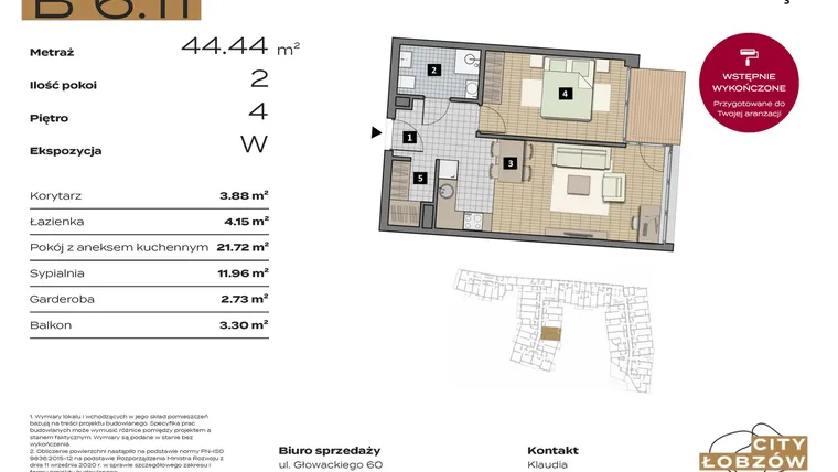 Rzut - Mieszkanie na sprzedaż 2 pokoje o powierzchni 44,44 m² - numer B 6.11 w City Łobzów
