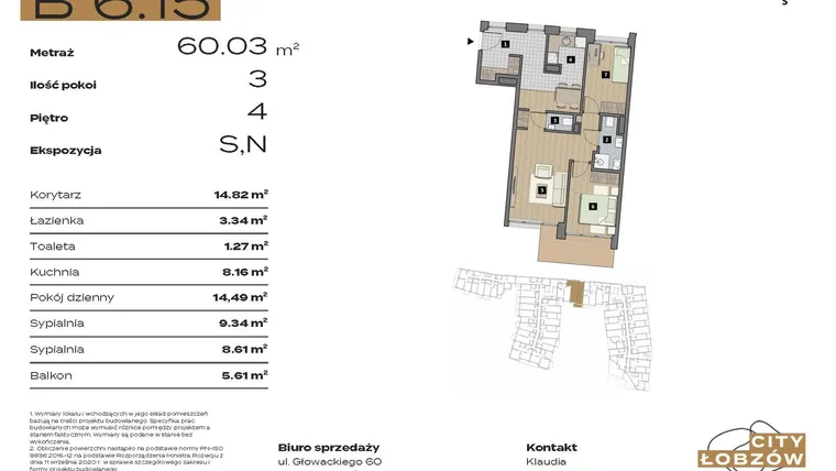 Rzut - Mieszkanie na sprzedaż 3 pokoje o powierzchni 60,03 m² - numer B 6.15 w City Łobzów