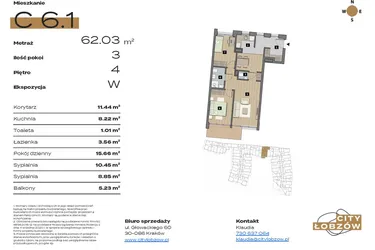 Rzut - Mieszkanie na sprzedaż 3 pokoje o powierzchni 62,03 m² - numer C 6.1 w City Łobzów