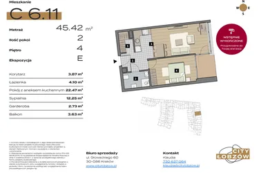 Rzut - Mieszkanie na sprzedaż 2 pokoje o powierzchni 45,42 m² - numer C 6.11 w City Łobzów