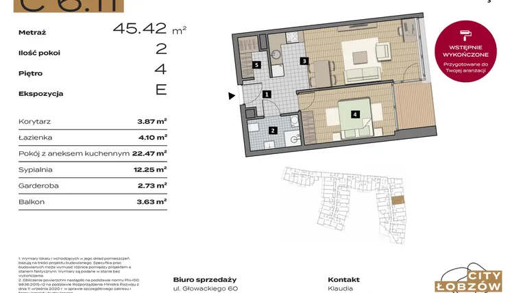 Rzut - Mieszkanie na sprzedaż 2 pokoje o powierzchni 45,42 m² - numer C 6.11 w City Łobzów