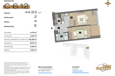 Rzut - Mieszkanie na sprzedaż 2 pokoje o powierzchni 45,06 m² - numer C 6.12 w City Łobzów