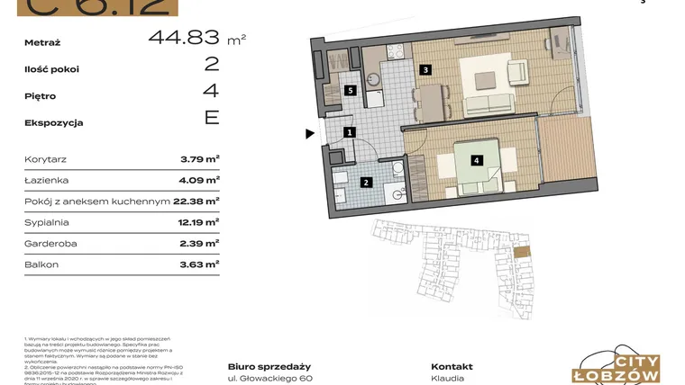 Rzut - Mieszkanie na sprzedaż 2 pokoje o powierzchni 45,06 m² - numer C 6.12 w City Łobzów