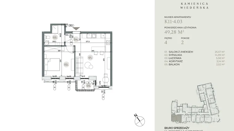 Rzut - Mieszkanie na sprzedaż 2 pokoje o powierzchni 48,24 m² - numer K11-4.03 w Kamienica Wiedeńska