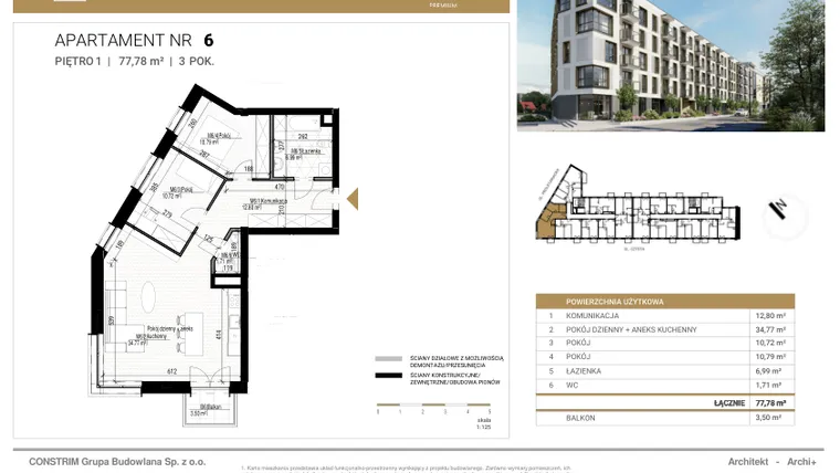 Rzut - Mieszkanie na sprzedaż 3 pokoje o powierzchni 77,78 m² - numer 6 w Czysta Premium