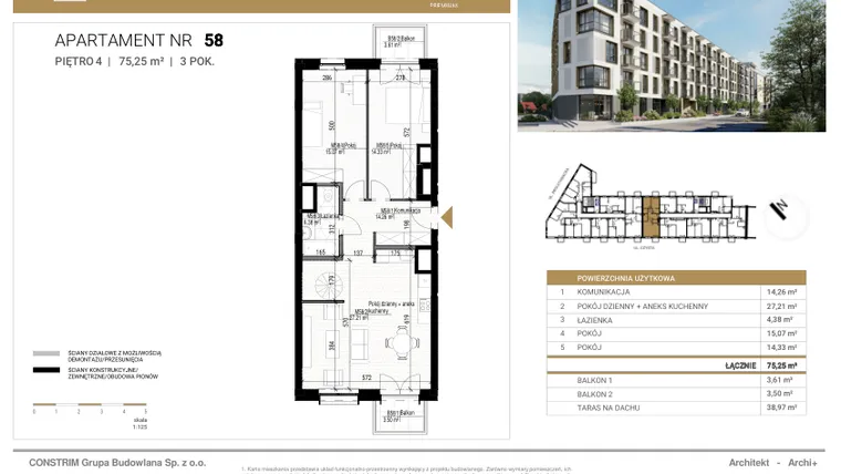 Rzut - Mieszkanie na sprzedaż 3 pokoje o powierzchni 75,25 m² - numer 58 w Czysta Premium