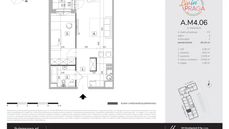 Rzut - Mieszkanie na sprzedaż 2 pokoje o powierzchni 45,72 m² - numer A.M4.06 w Livin' Praga