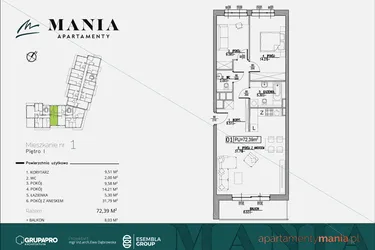 Rzut - Mieszkanie na sprzedaż 3 pokoje o powierzchni 72,39 m² - numer 1 w MANIA Apartamenty