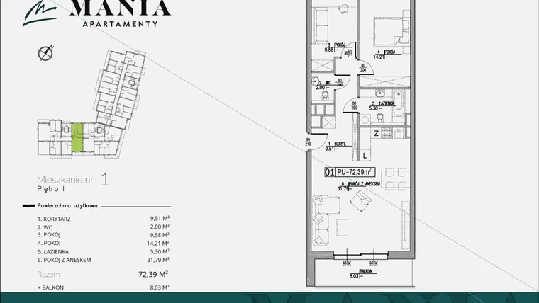Rzut - Mieszkanie na sprzedaż 3 pokoje o powierzchni 72,39 m² - numer 1 w MANIA Apartamenty