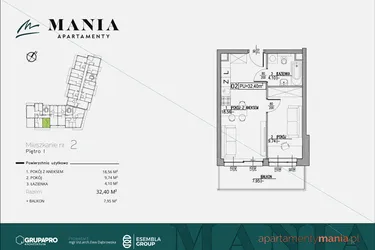 Rzut - Mieszkanie na sprzedaż 2 pokoje o powierzchni 32,4 m² - numer 2 w MANIA Apartamenty