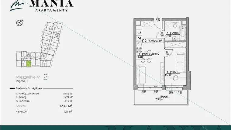 Rzut - Mieszkanie na sprzedaż 2 pokoje o powierzchni 32,4 m² - numer 2 w MANIA Apartamenty