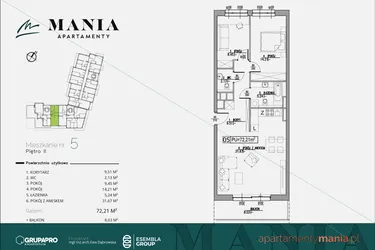 Rzut - Mieszkanie na sprzedaż 3 pokoje o powierzchni 72,21 m² - numer 5 w MANIA Apartamenty